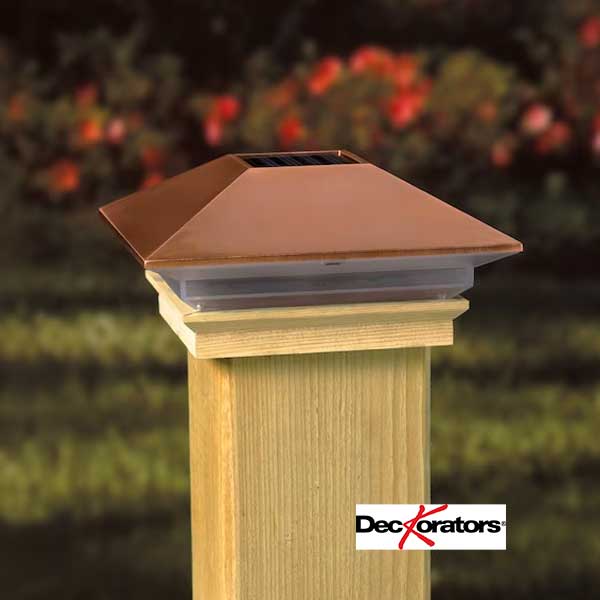 Deckorators Solar Copper High Point Post Cap Installed - The Deck Store USA