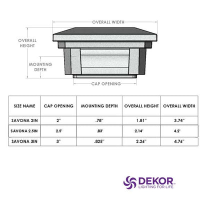 Dekor Savona Post Cap Lights - Measurements - The Deck Store USA